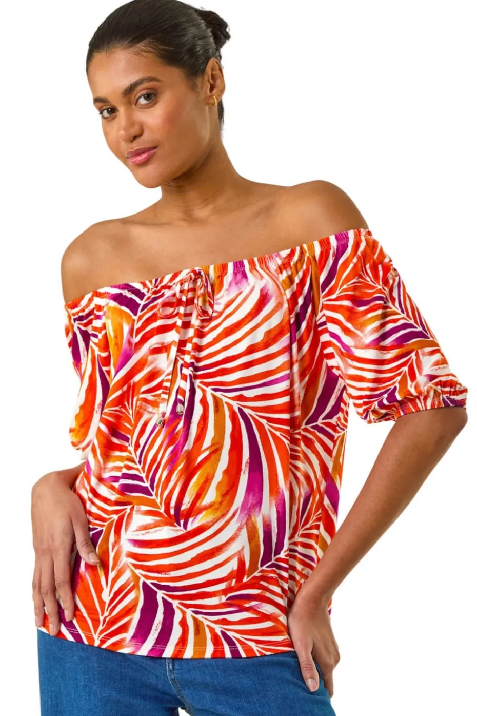 Roman Red Floral Print Bardot Stretch Top