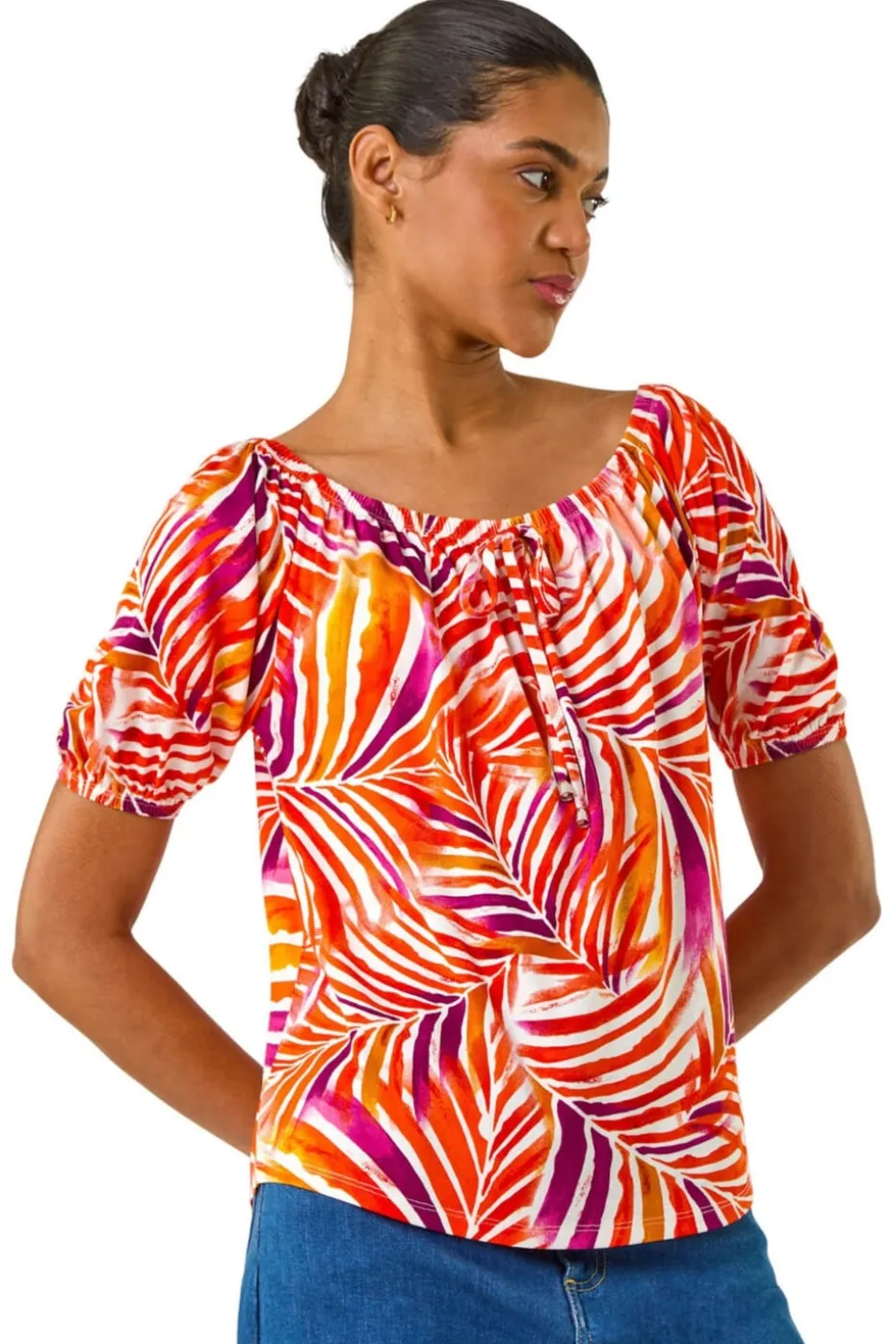 Roman Red Floral Print Bardot Stretch Top