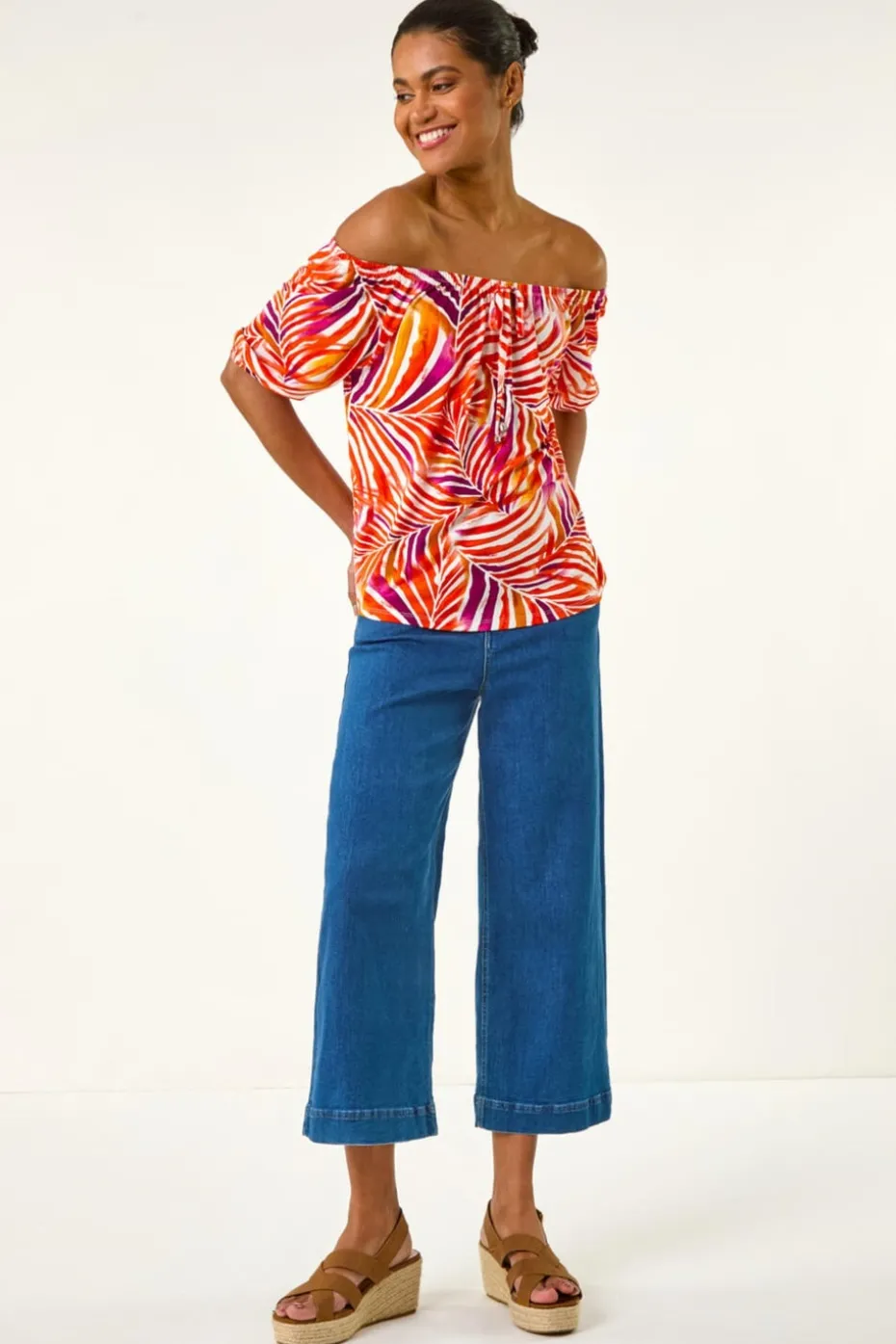 Roman Red Floral Print Bardot Stretch Top