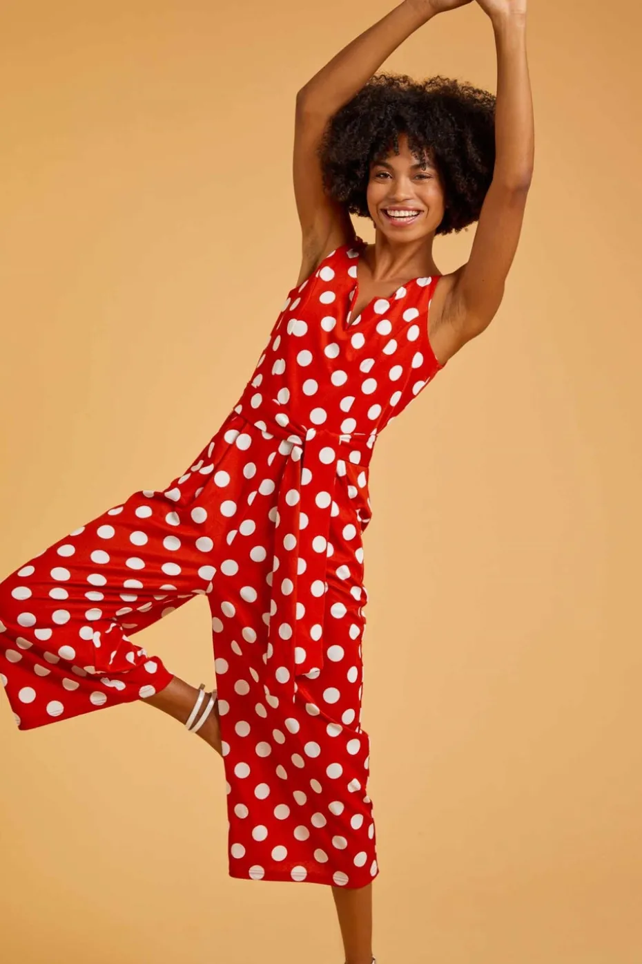 Roman Red Spot Print Belted Jumpsuit