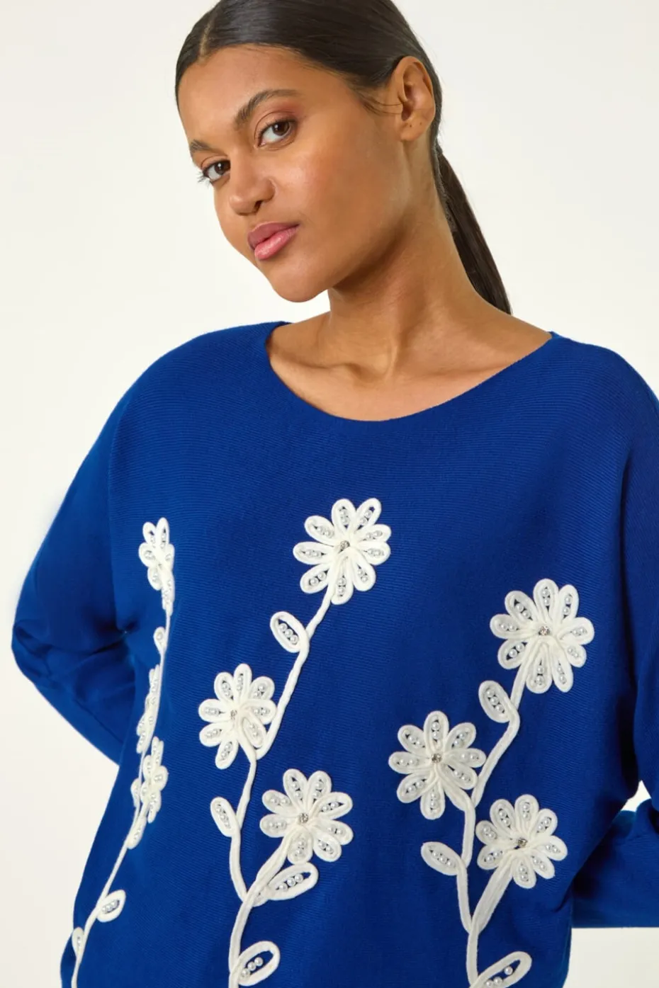Roman Royal Blue Floral Embroidery Knit Jumper