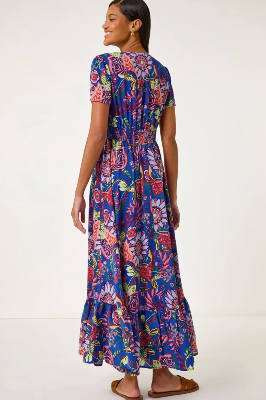 Roman Royal Blue Rose Print Button Detail Maxi Dress