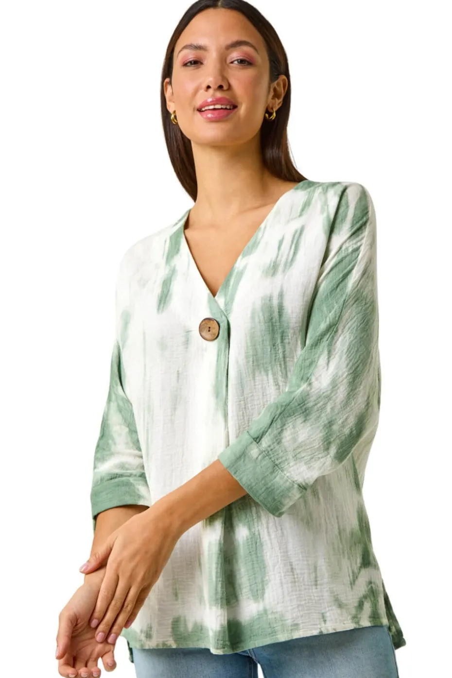 Roman Sage Tie Dye Print V Neck Tunic Top