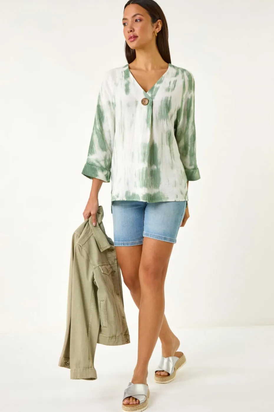 Roman Sage Tie Dye Print V Neck Tunic Top