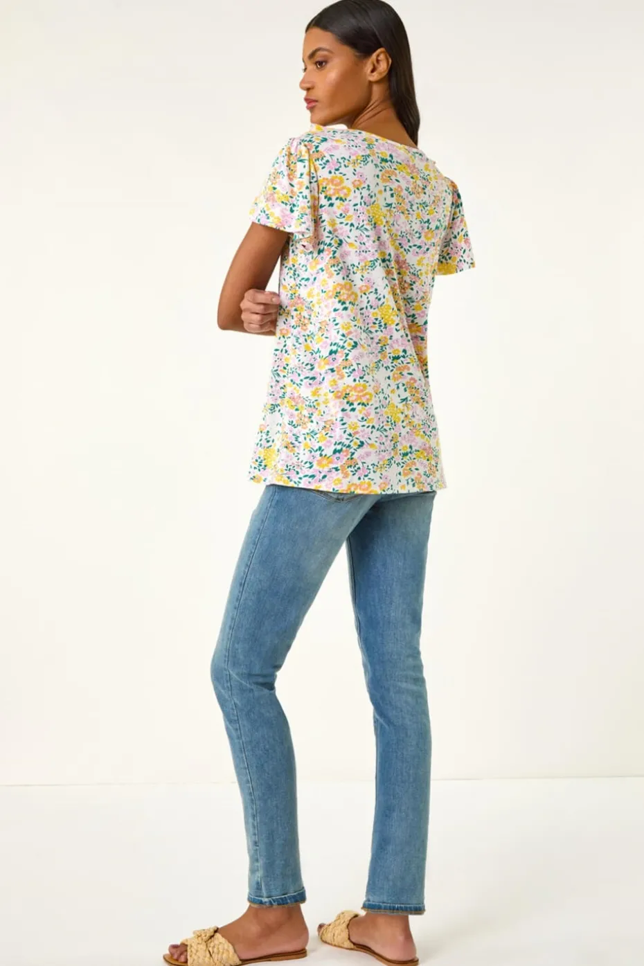Roman White Floral Print Ruffle V Neck Top