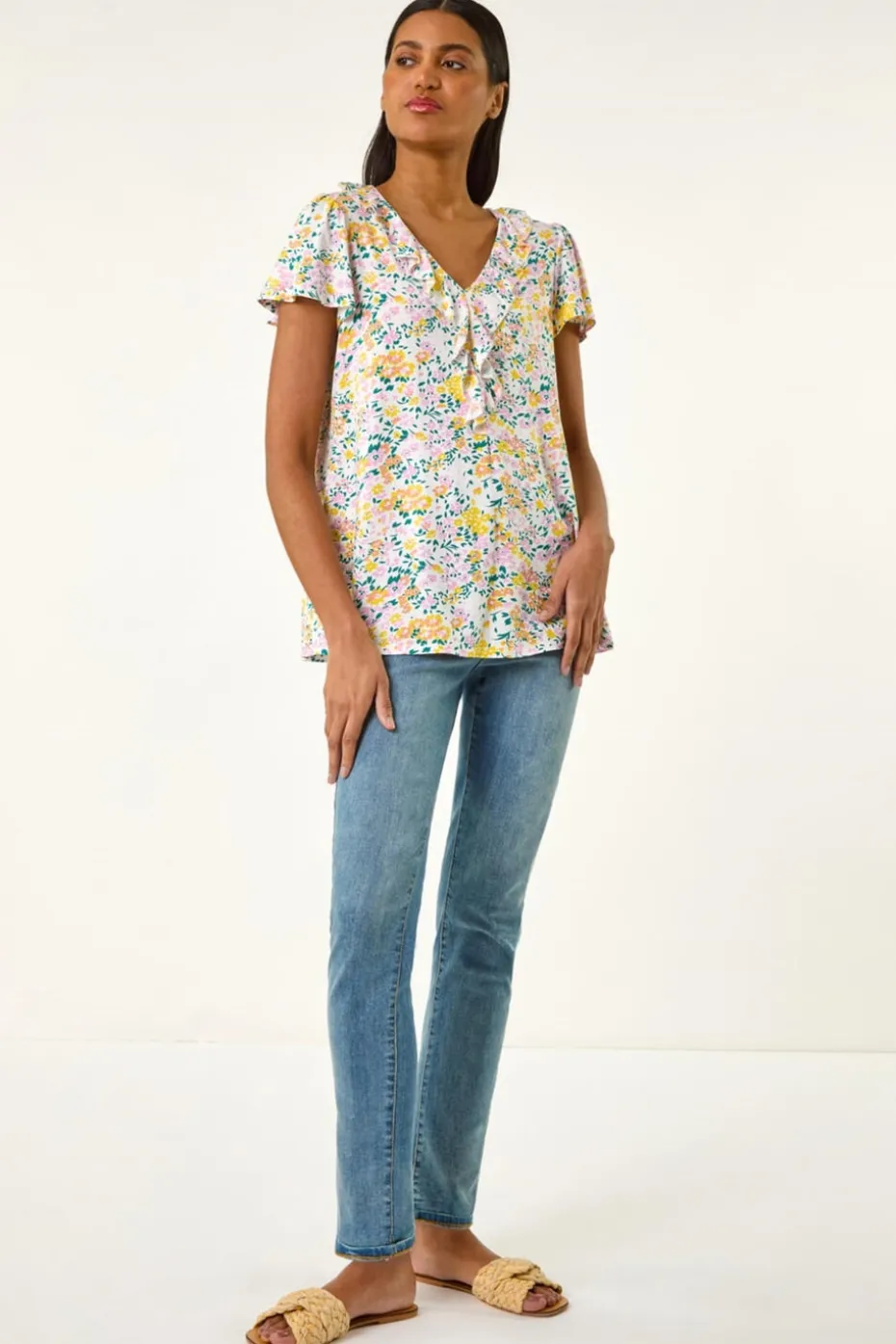 Roman White Floral Print Ruffle V Neck Top