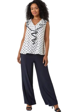 Roman White Petite Contrast Spot Print Frill Top