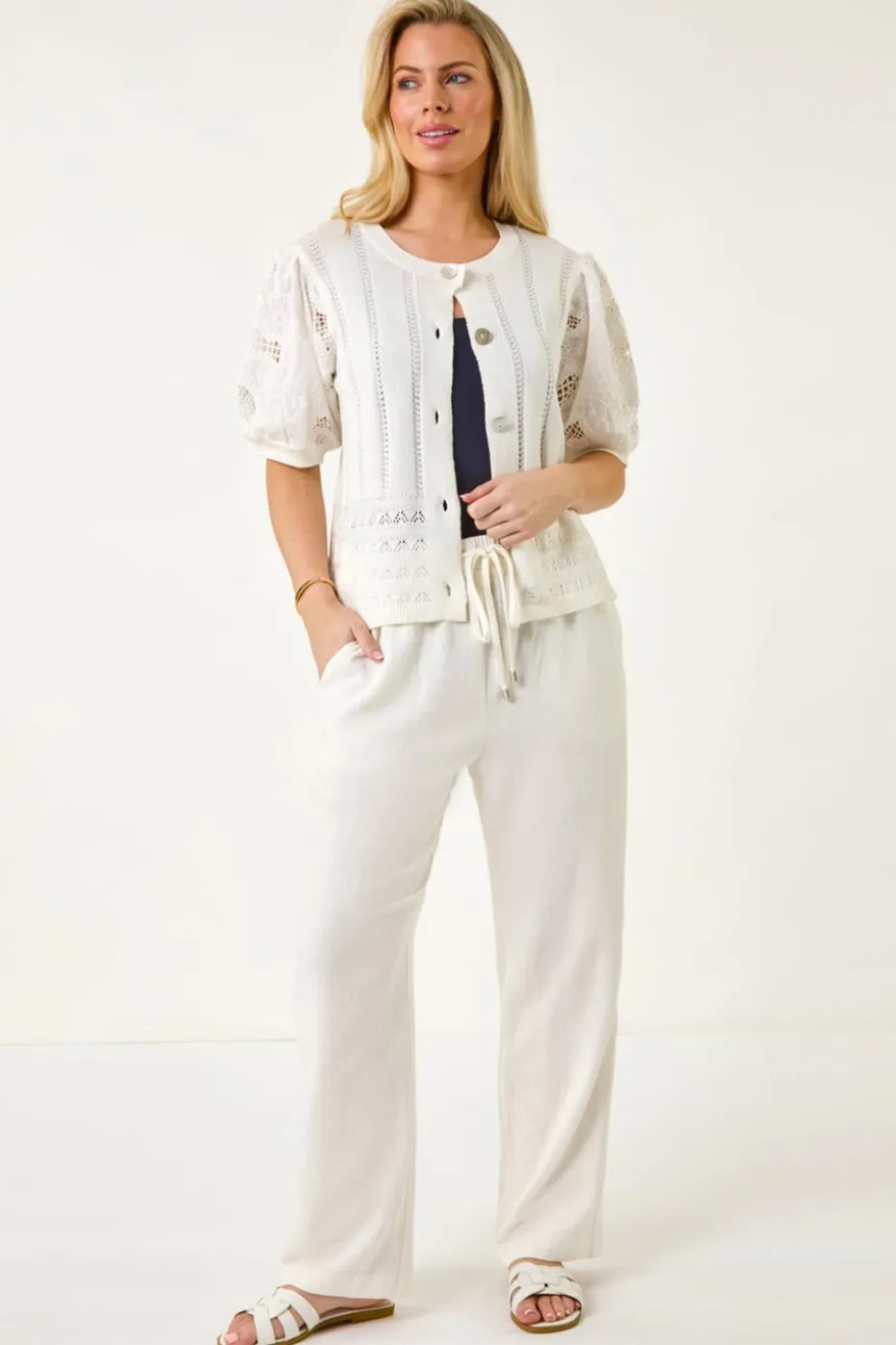 Roman White Petite Embroidered Sleeve Knit Cardigan