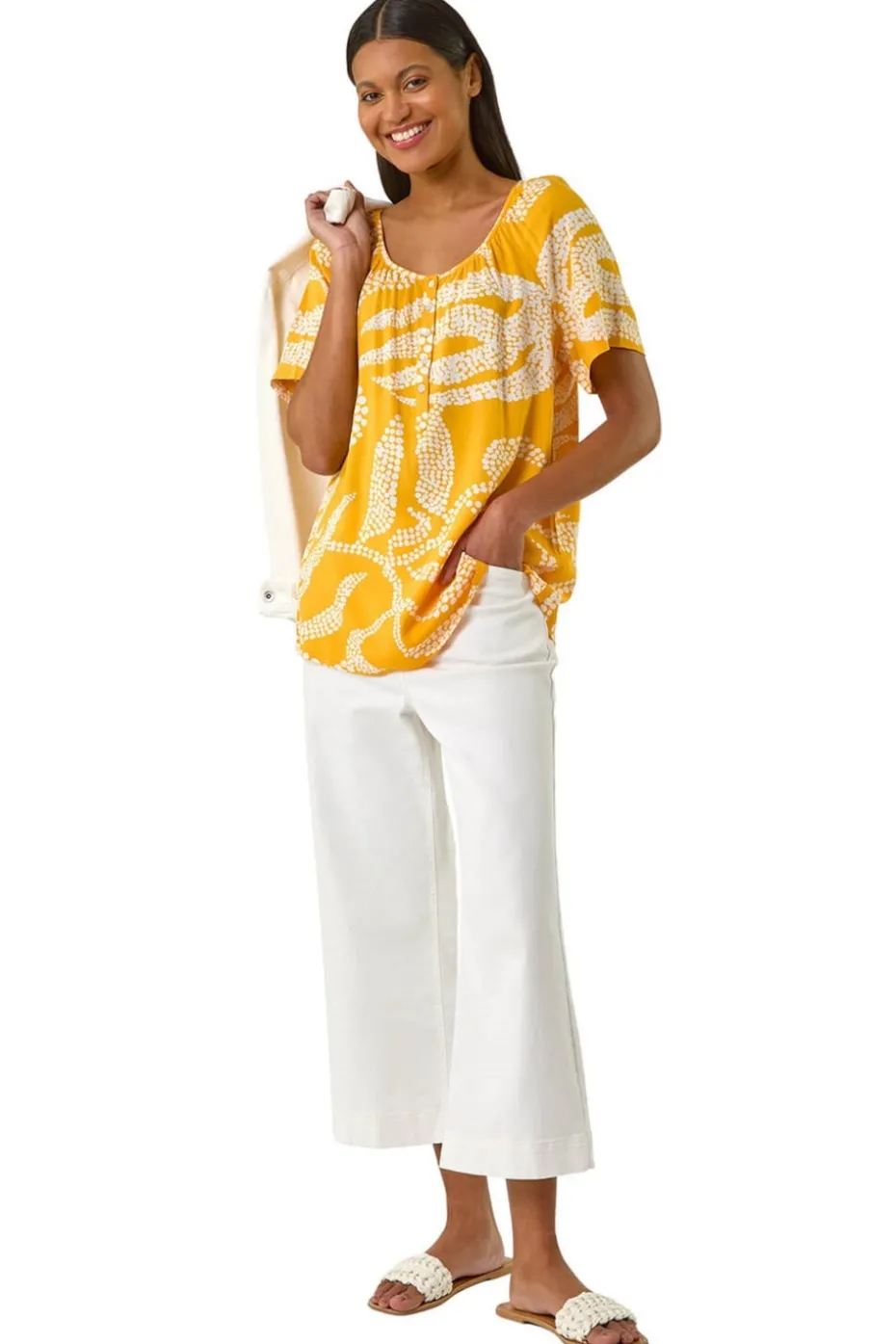 Roman Yellow Leaf Print Button Detail Top