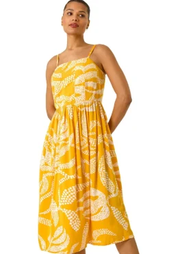 Roman Yellow Leaf Print Strap Midi Dress
