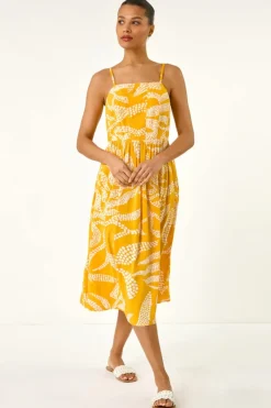 Roman Yellow Leaf Print Strap Midi Dress