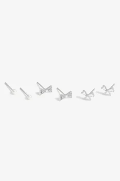 Simply Silver Sterling Silver 925 Pearl and Cubic Zirconia Bow Stud Earring (Pack of 3)