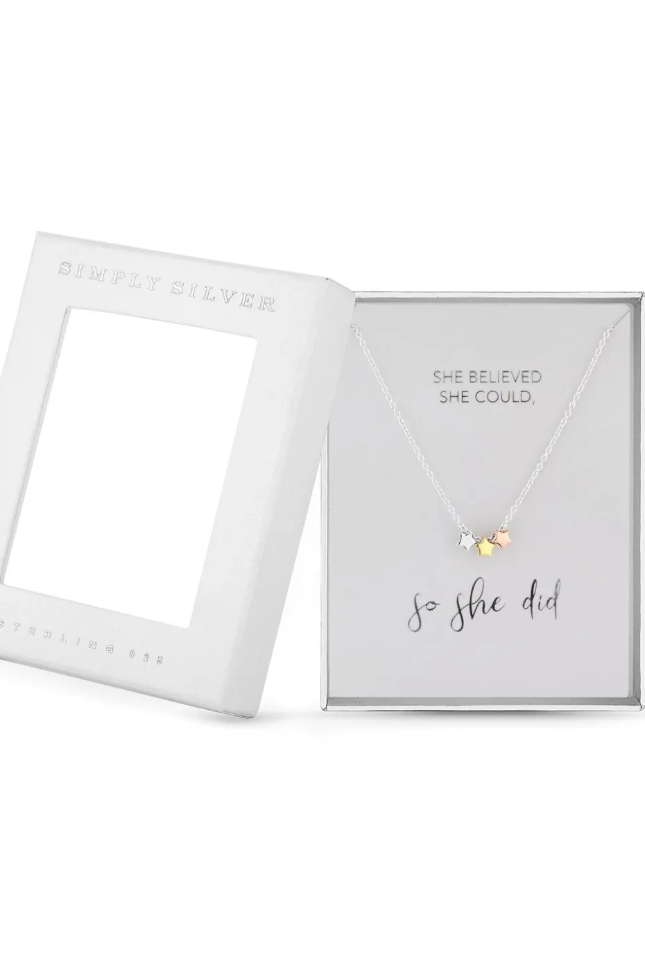 Sterling Silver 925 Tri-Tone Triple Star Necklace - Gift Boxed