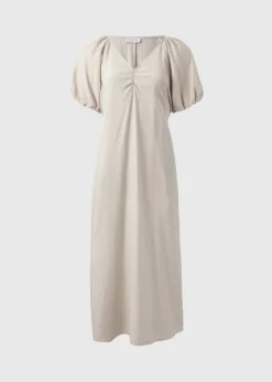 Stone Puff Sleeve Tie Waist Midi Dress