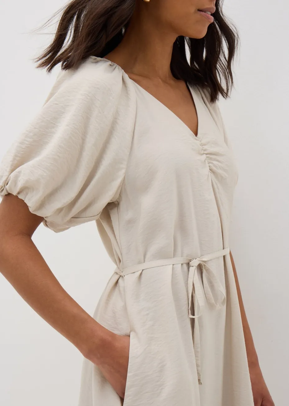 Stone Puff Sleeve Tie Waist Midi Dress