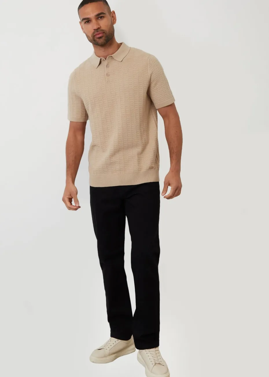 Threadbare Beige Cotton Mix Short Sleeve Textured Knitted Polo Shirt
