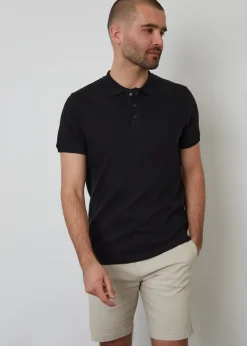 Threadbare Black Ottoman Rib Textured Cotton Polo Shirt