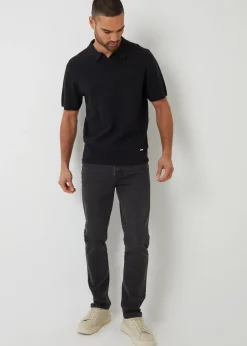 Threadbare Black Textured Front Short Sleeve Trophy Neck Knitted Polo