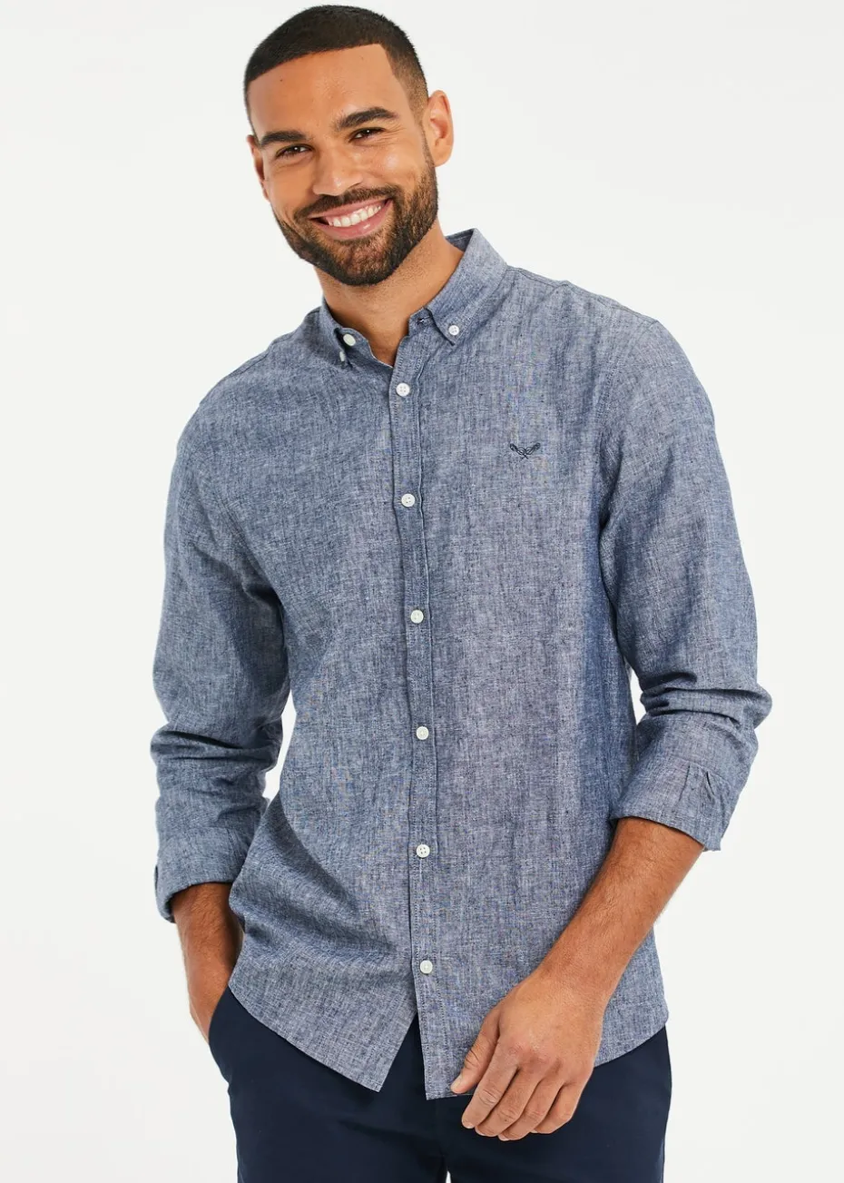 Threadbare Blue Slim Fit Linen Blend Long Sleeve Shirt