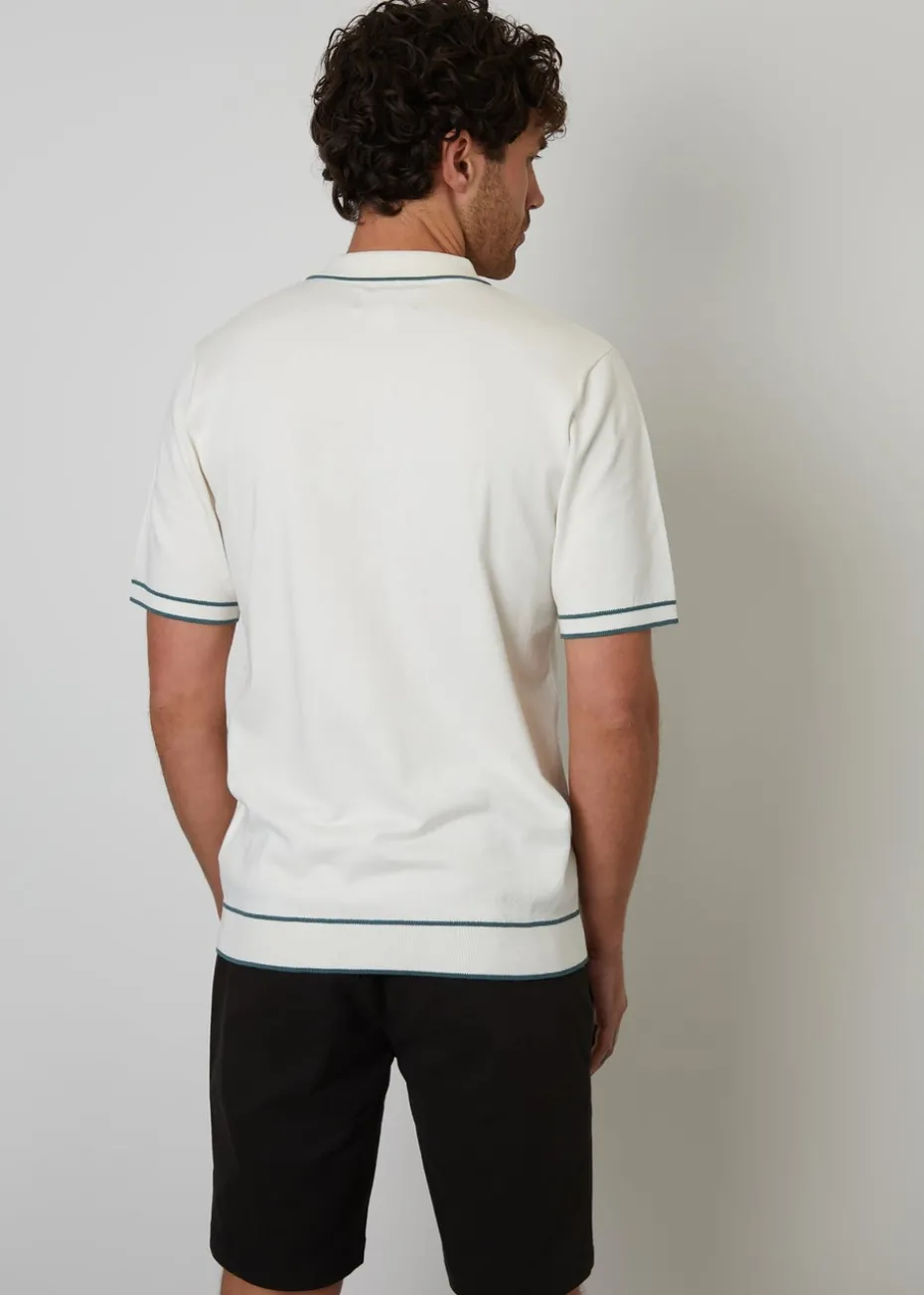 Threadbare Ecru Knitted Short Sleeve Polo Shirt