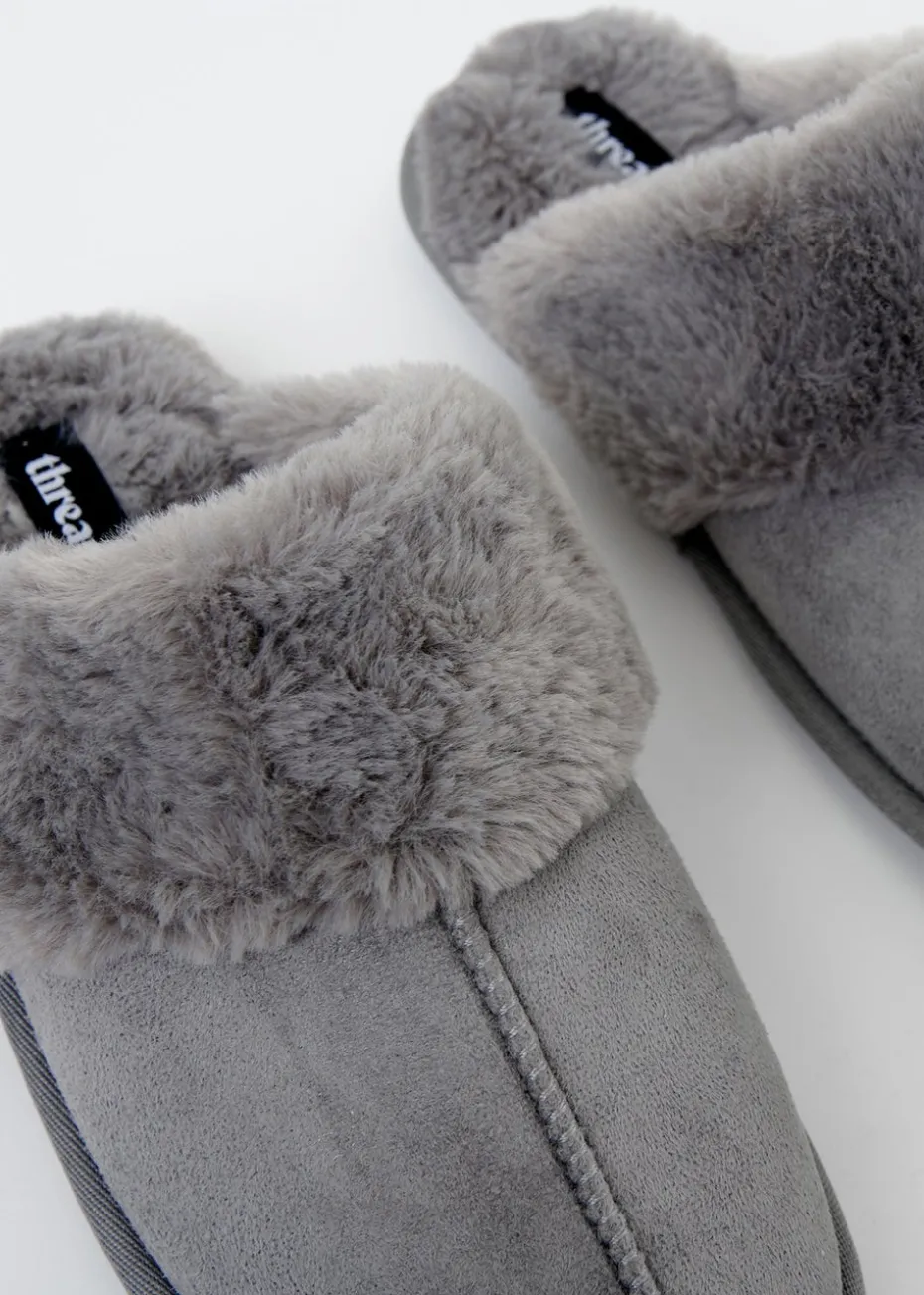 Threadbare Grey Denver Faux Suede Faux Fur Lined Mule Slippers