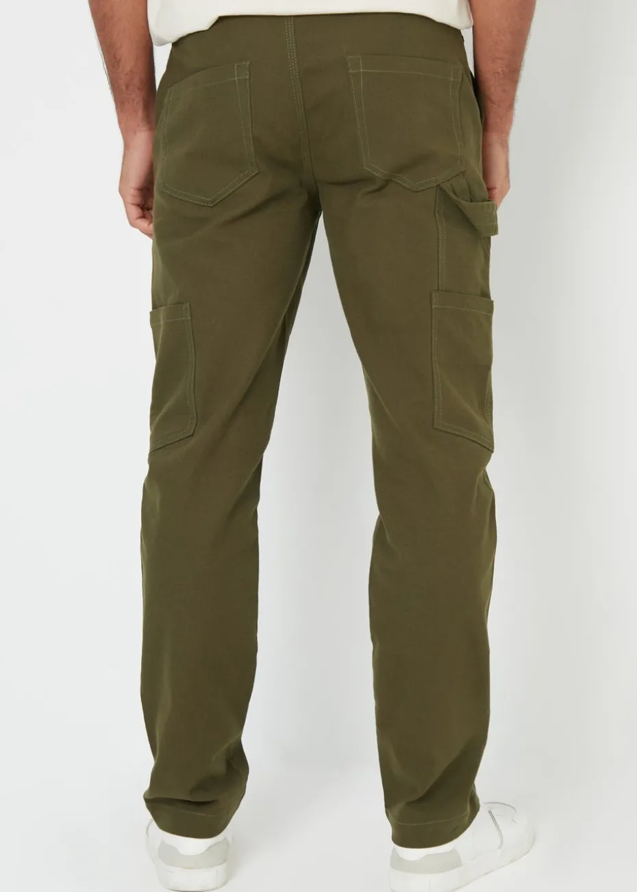 Threadbare Khaki Cotton Straight Leg Chino Cargo Trousers With Stretch