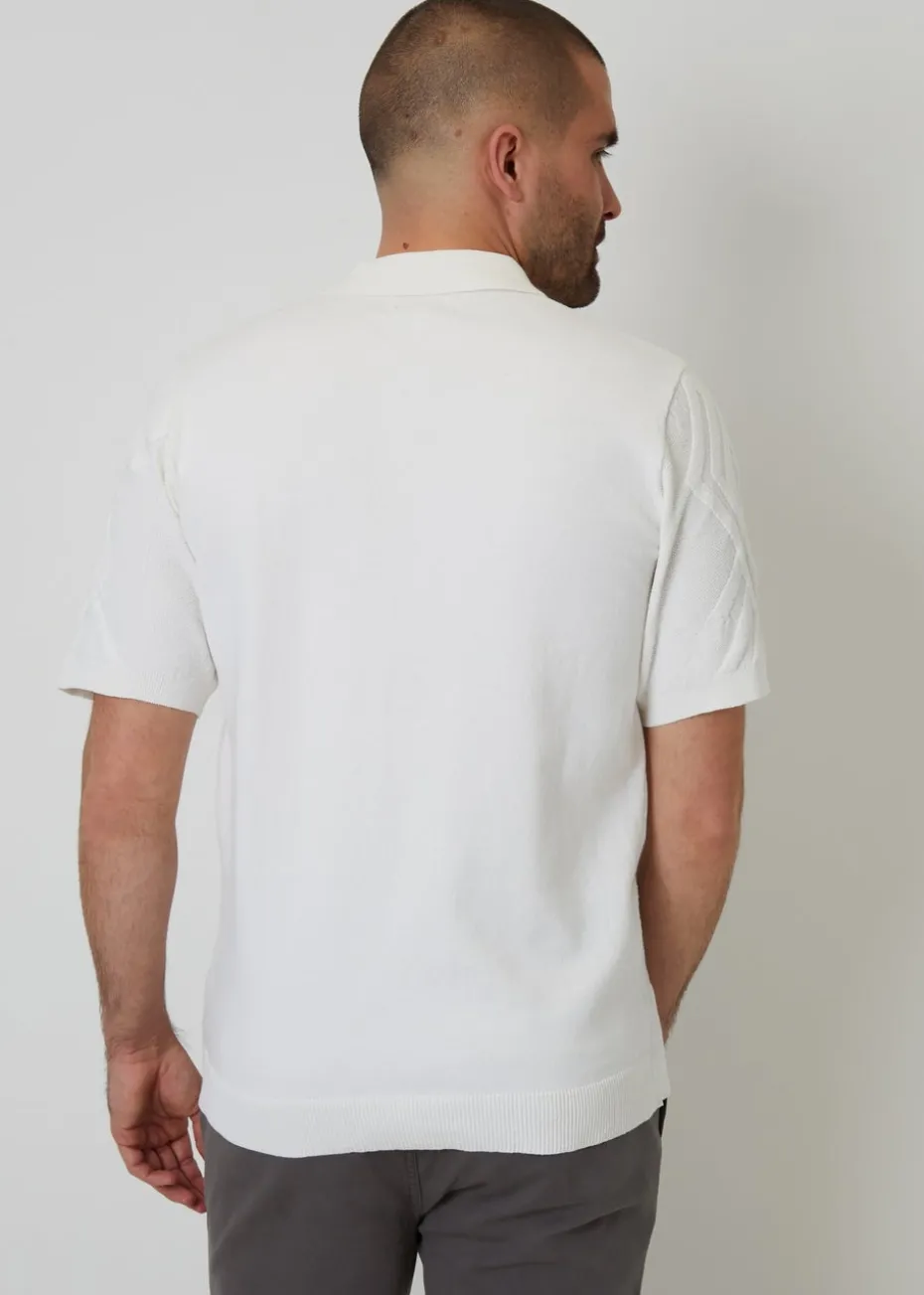 Threadbare Natural Textured Button Through Knitted Polo Shirt