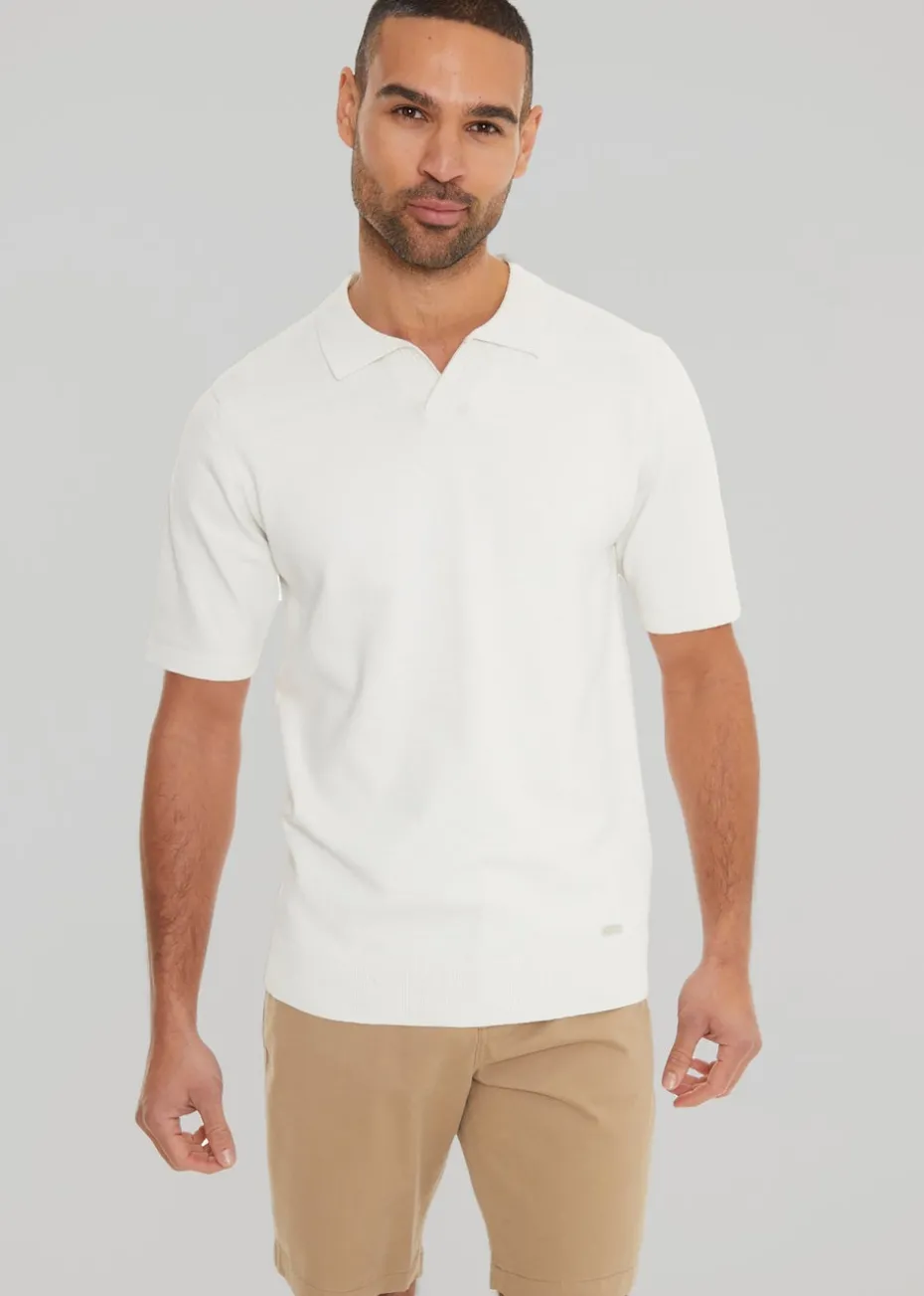 Threadbare Natural Trophy Neck Short Sleeve Knitted Polo