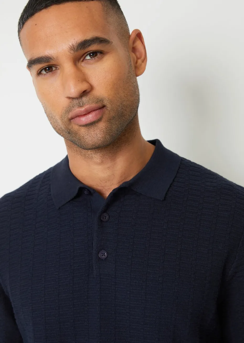 Threadbare Navy Long Sleeve Textured Knit Polo Collar Jumper