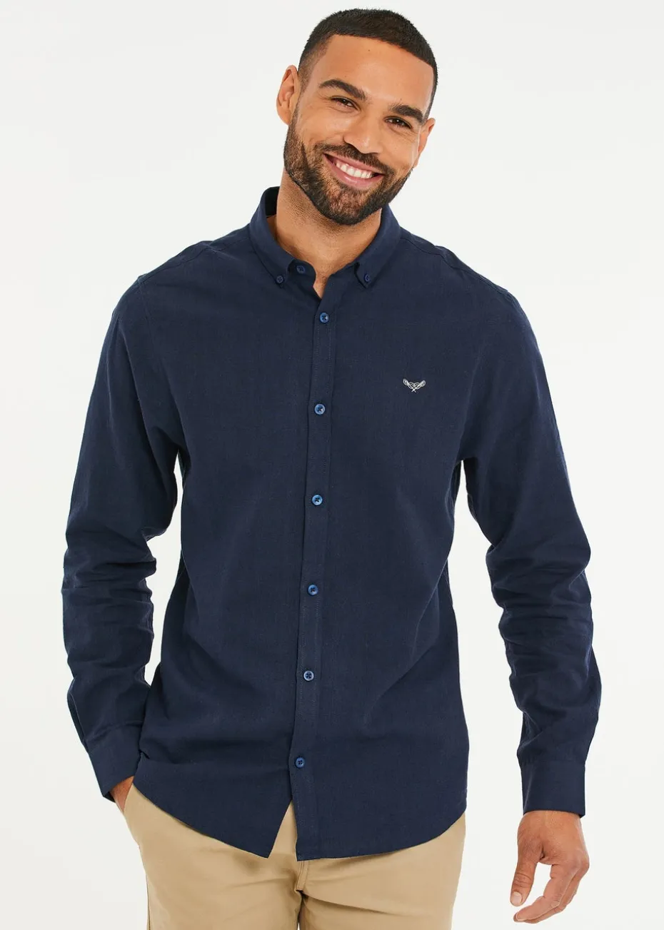 Threadbare Navy Slim Fit Linen Blend Long Sleeve Shirt