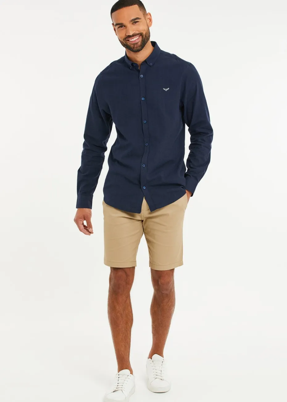 Threadbare Navy Slim Fit Linen Blend Long Sleeve Shirt