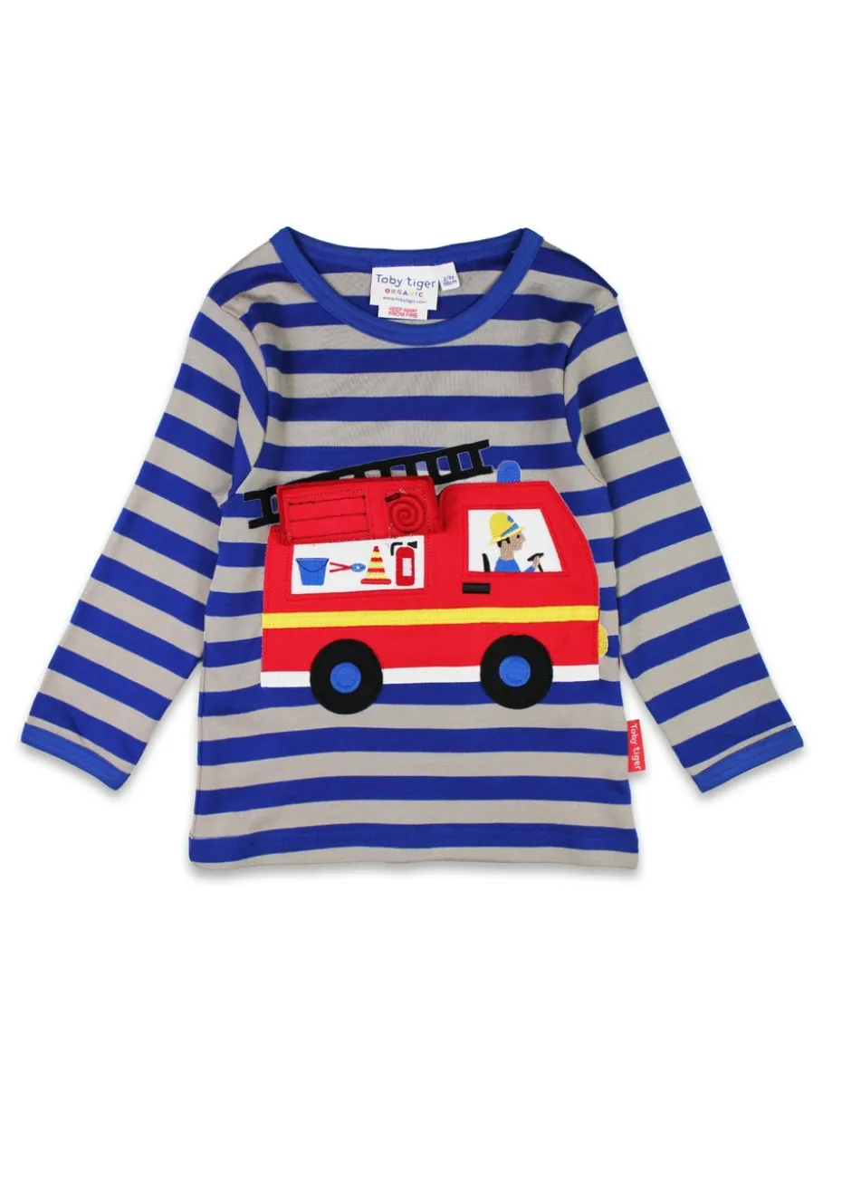 Toby Tiger Organic Blue Fire Engine Applique Long-Sleeved T-Shirt (6 months - 8 years)
