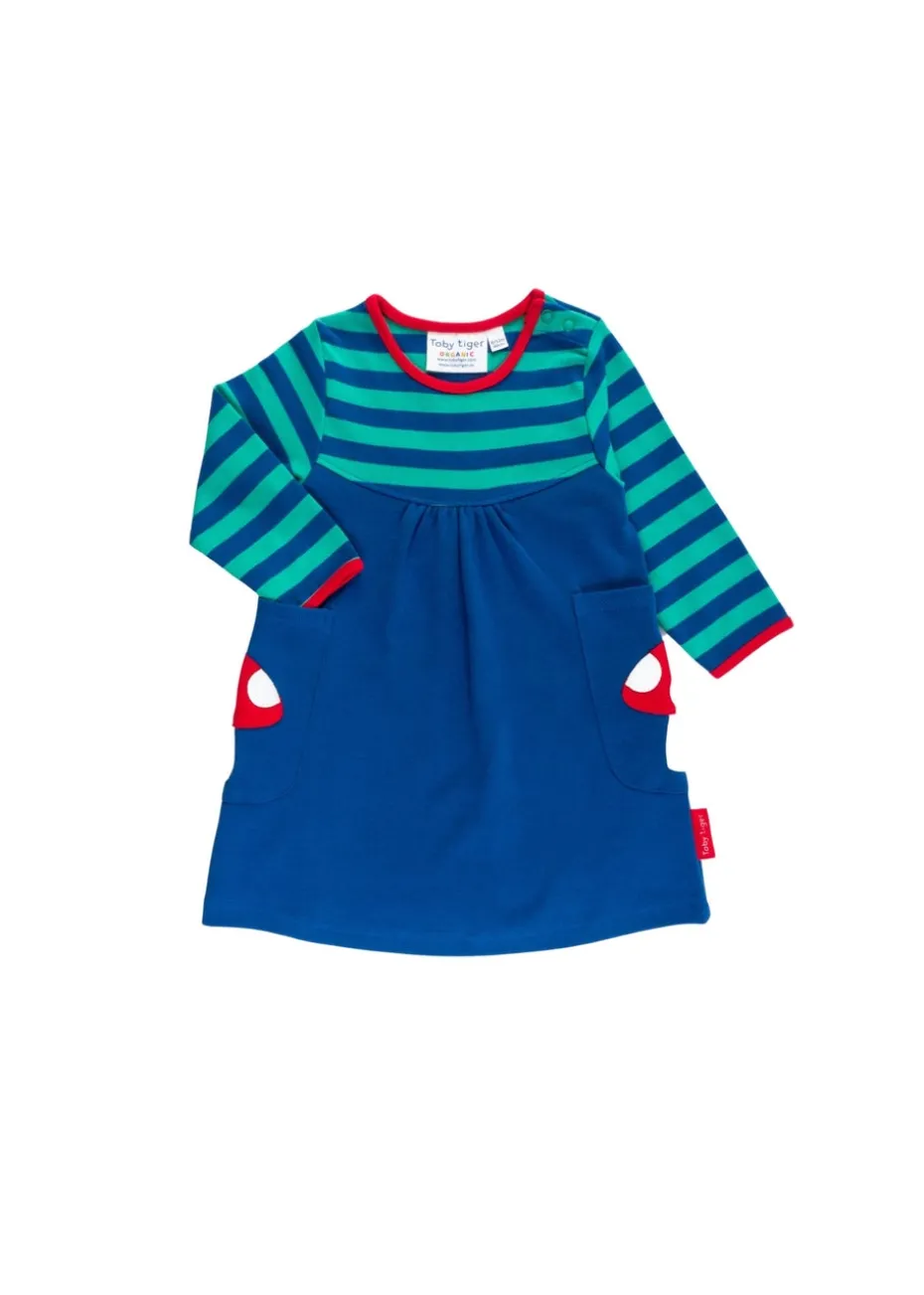 Toby Tiger Organic Blue Floral Mushroom Applique Dress (6 months - 6 years)