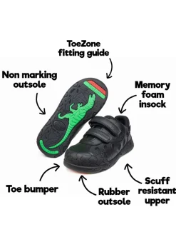 ToeZone Boys Black Jay Ortholite Dinosaur Rip Tape Shoe (Younger 8- Older 3)