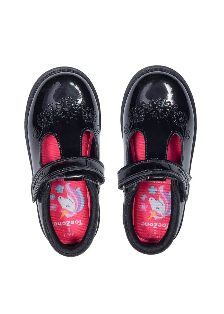 ToeZone Ellie Girls Patent Coated Leather Rip Tape Unicorn School Shoe