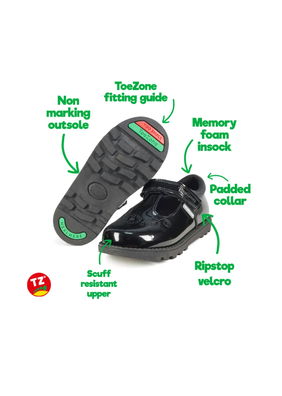 ToeZone Ellie Girls Patent Coated Leather Rip Tape Unicorn School Shoe