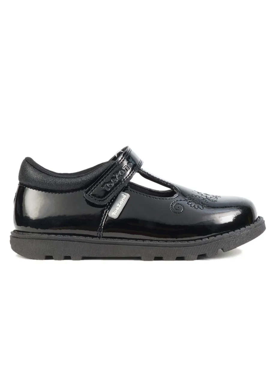 ToeZone Ellie Girls Patent Coated Leather Rip Tape Unicorn School Shoe