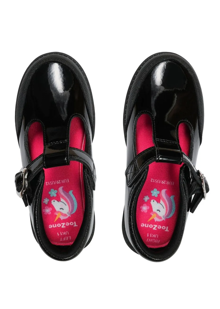 ToeZone Girls Black Clover Patent Coated Leather T-Bar Flower School Shoe (Younger 8 - Older 2)