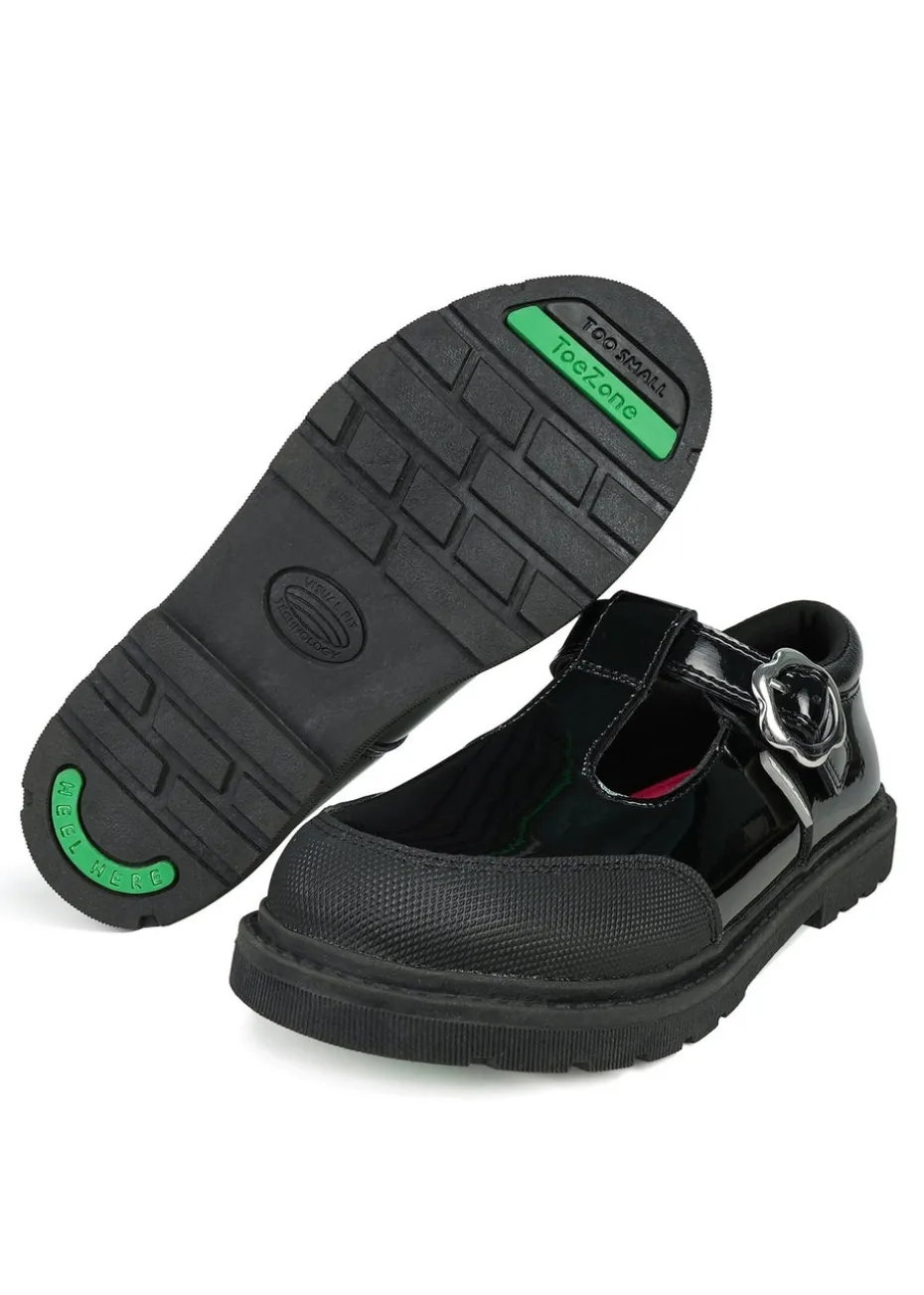 ToeZone Girls Black Clover Patent Coated Leather T-Bar Flower School Shoe (Younger 8 - Older 2)