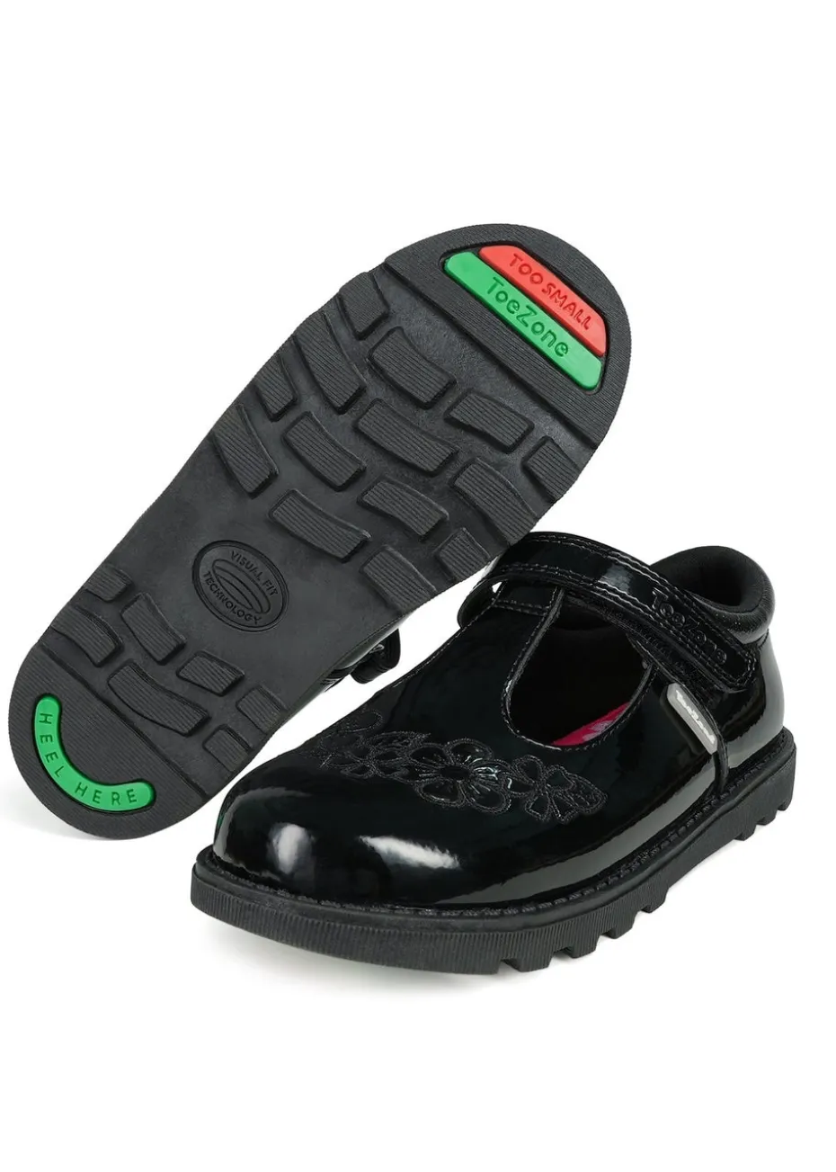 ToeZone Girls Black Flo Patent Leather Rip Tape Flower School Shoe (Younger 6 - 13)