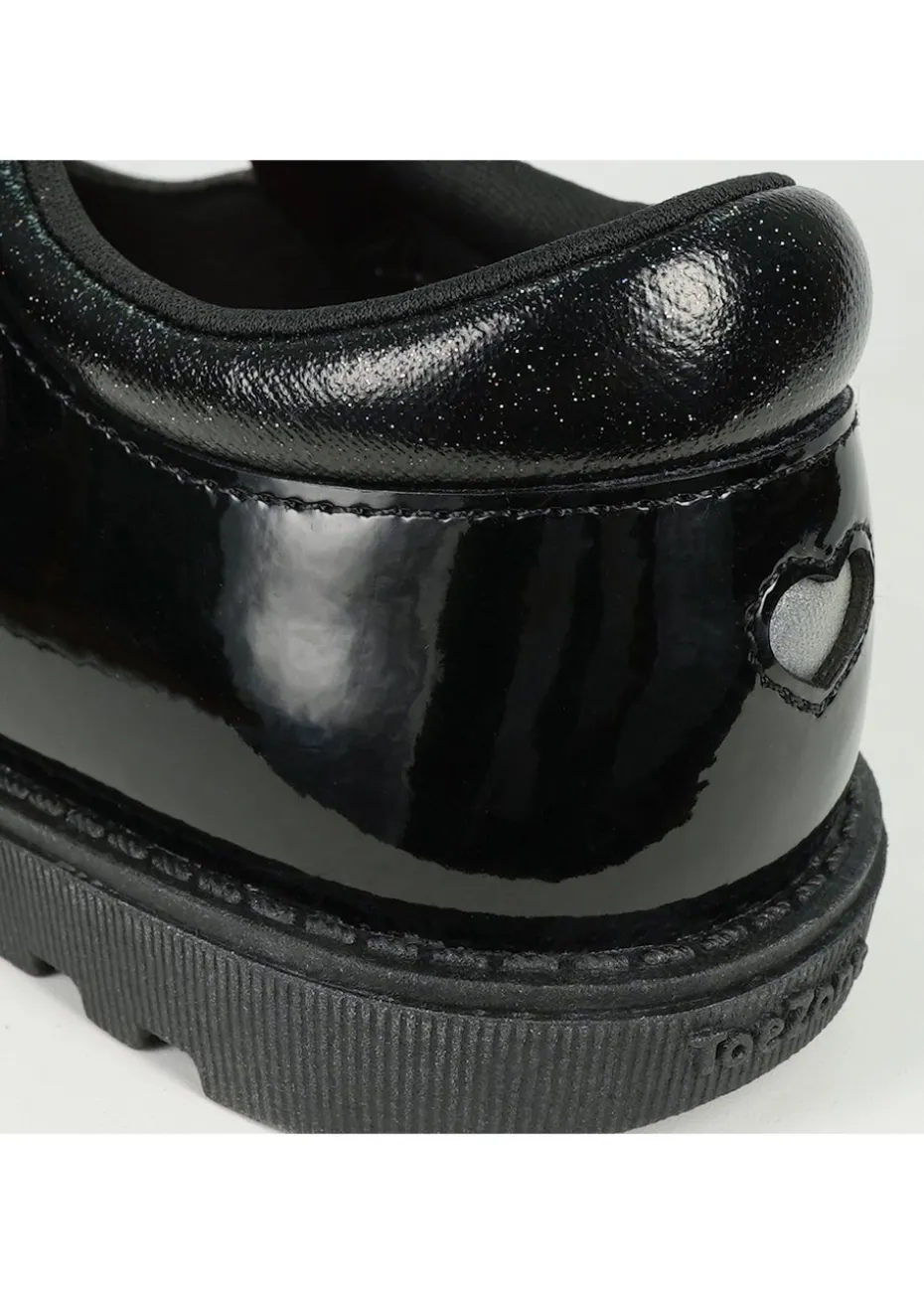 ToeZone Girls Black Flo Patent Leather Rip Tape Flower School Shoe (Younger 6 - 13)