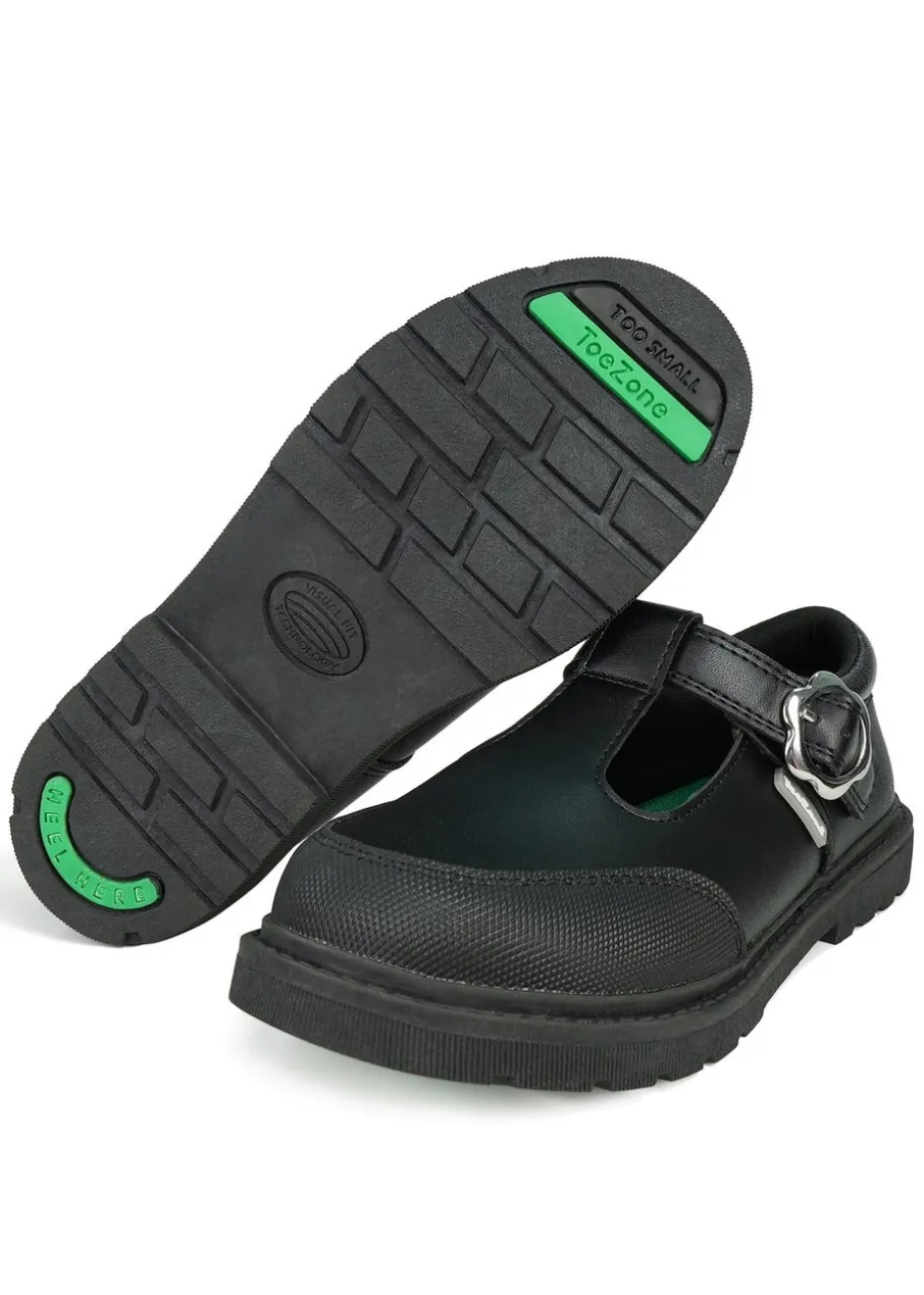ToeZone Girls Black May Coated Leather T-Bar Unicorn School Shoe (Younger 8 - Older 2)