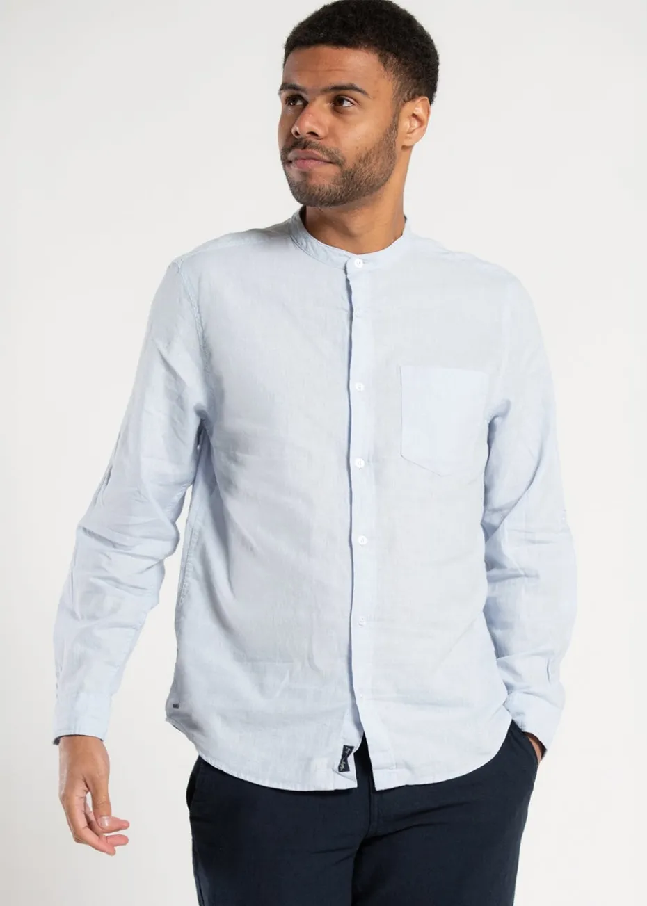 Tokyo Laundry Blue Linen Blend Button Up Shirt With Grandad Collar