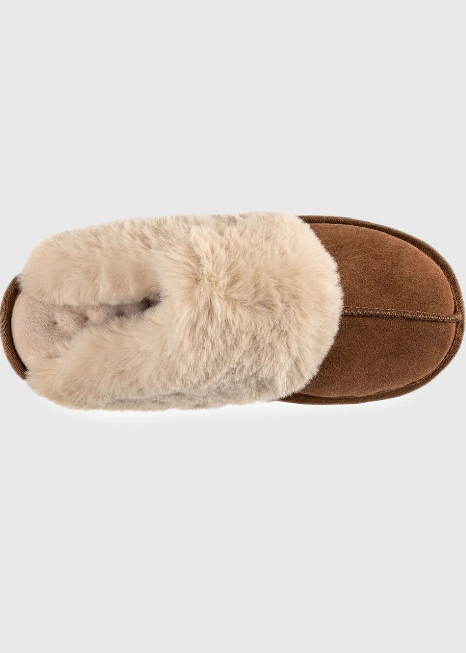 Totes Isotoner Tan Ladies Real Suede Mule with Fur Cuff