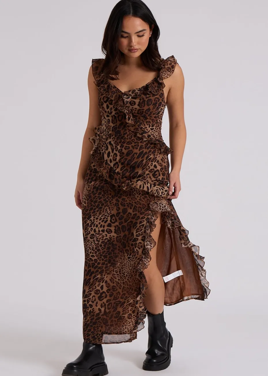 Urban Bliss Brown Leopard Ruffle Maxi Dress