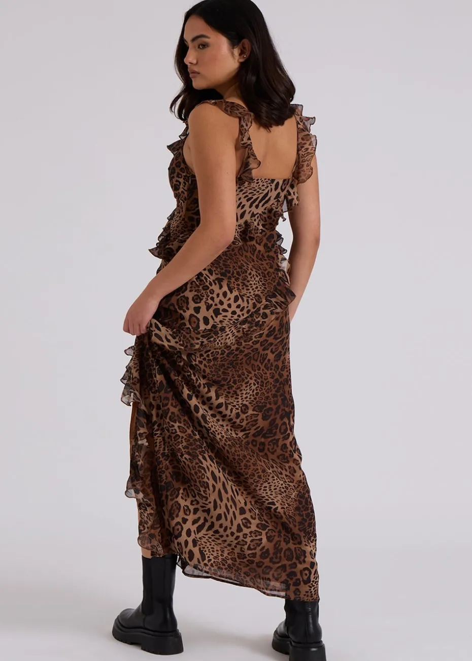 Urban Bliss Brown Leopard Ruffle Maxi Dress