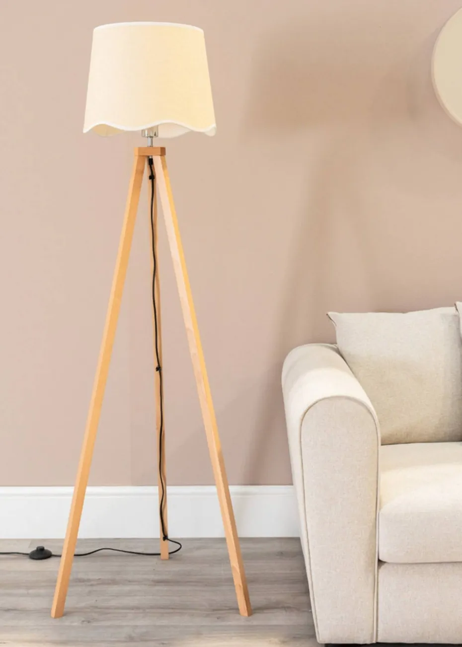 ValueLights Barbro Tripod Oak Effect Floor Lamp with Large Tapered White Trim Shade