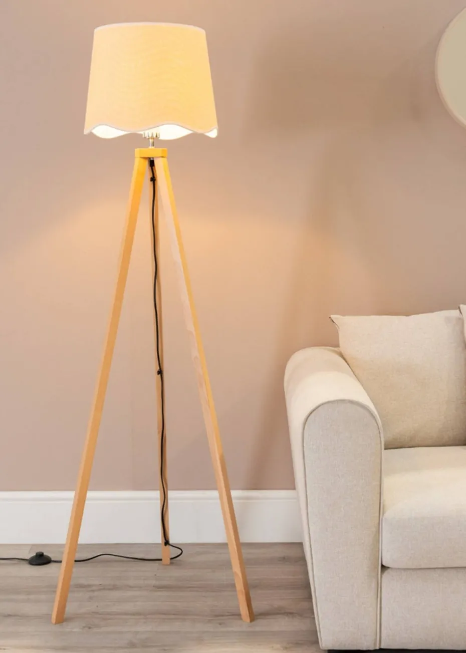 ValueLights Barbro Tripod Oak Effect Floor Lamp with Large Tapered White Trim Shade