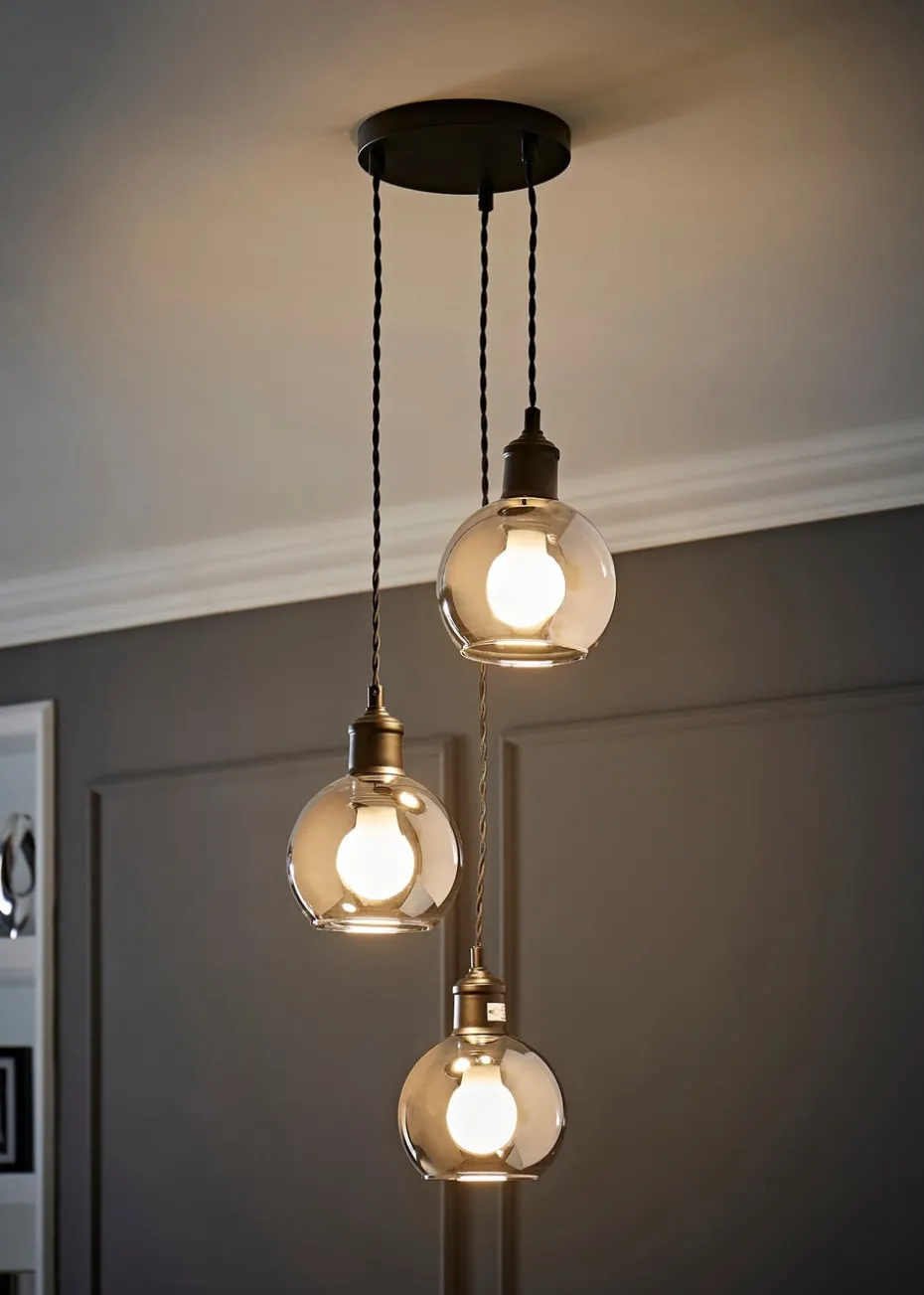 ValueLights Bellamy Smoked Glass Globe 3 Drop Cluster Matte Black Ceiling Pendant Light