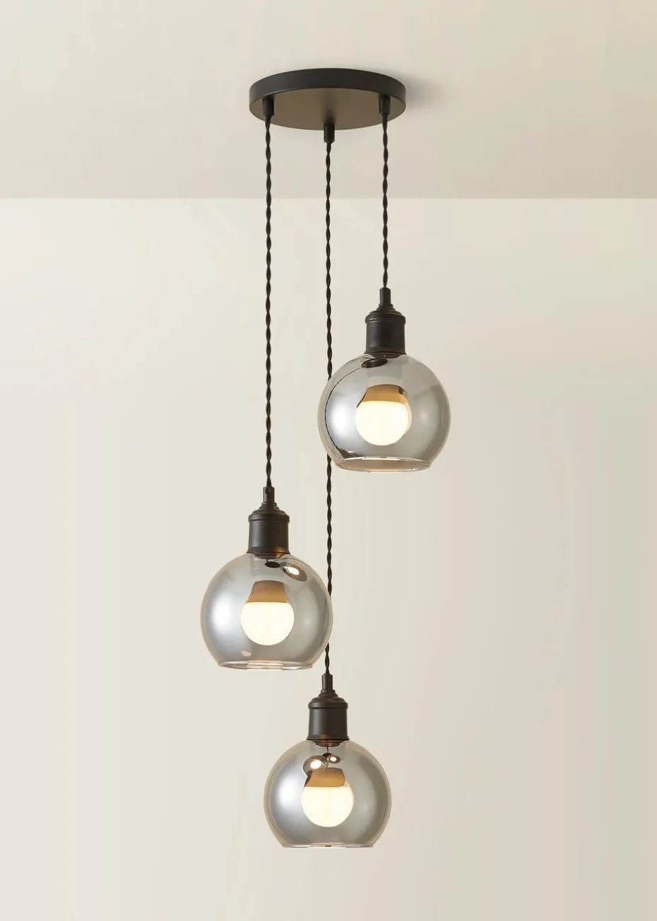 ValueLights Bellamy Smoked Glass Globe 3 Drop Cluster Matte Black Ceiling Pendant Light